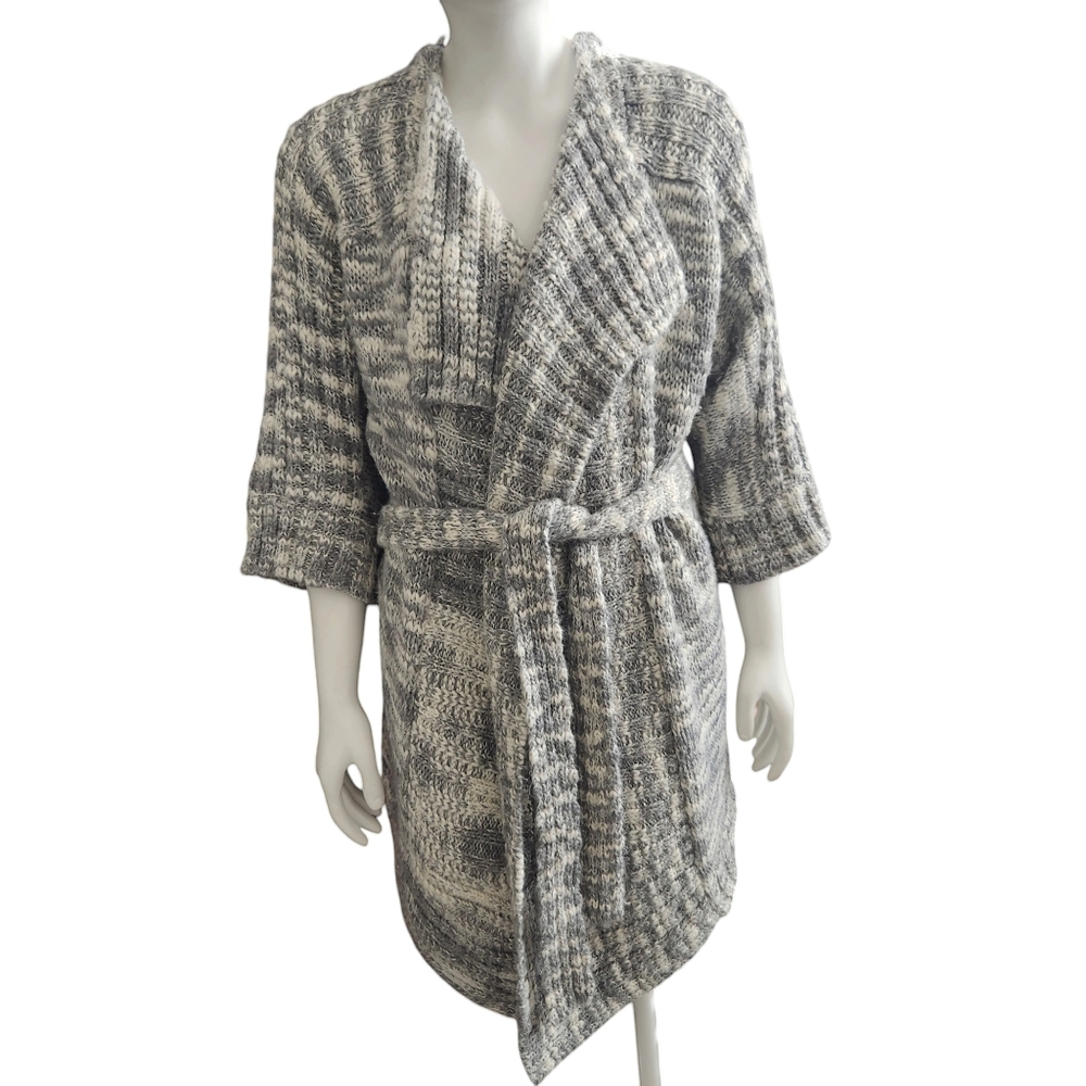 Boho Hi-Lo Wool Blend Cable Slouch Belted Cardigan Flared Sleeves Jones N.Y.  L
